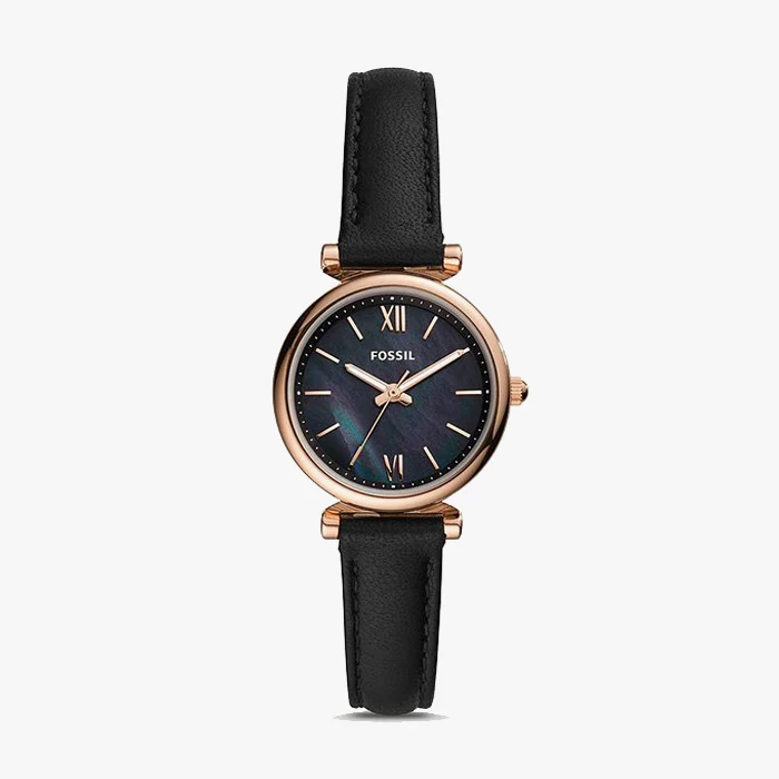 Fossil ladies' watch with black band and mother-of-pearl face. Fossil is printed on the watch face.