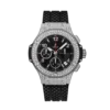 Diamond-encrusted Lucent Horology watch with a black dial and rubber strap. Swiss made.