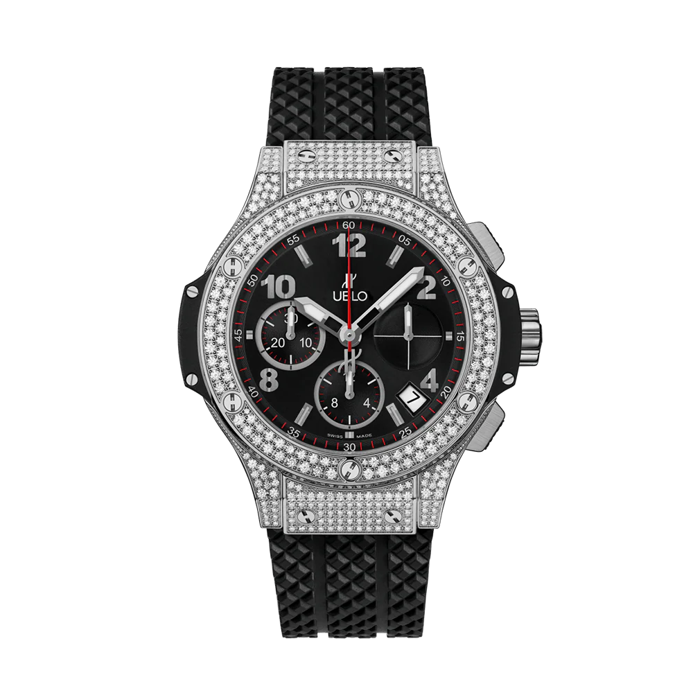Diamond-encrusted Lucent Horology watch with a black dial and rubber strap. Swiss made.