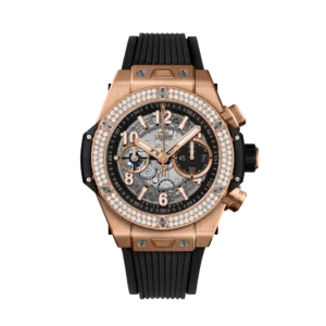 Close-up of a luxurious rose gold Hublot watch with diamond bezel and black rubber strap.