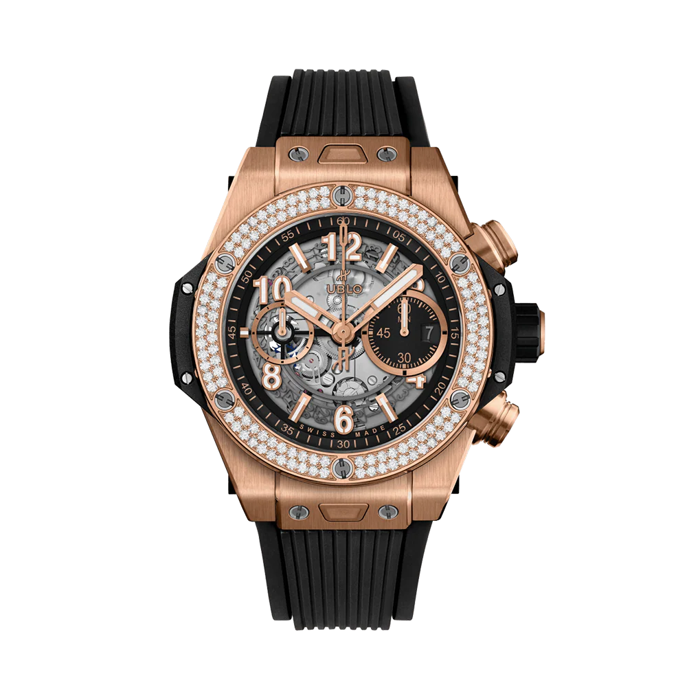 Close-up of a luxurious rose gold Hublot watch with diamond bezel and black rubber strap.