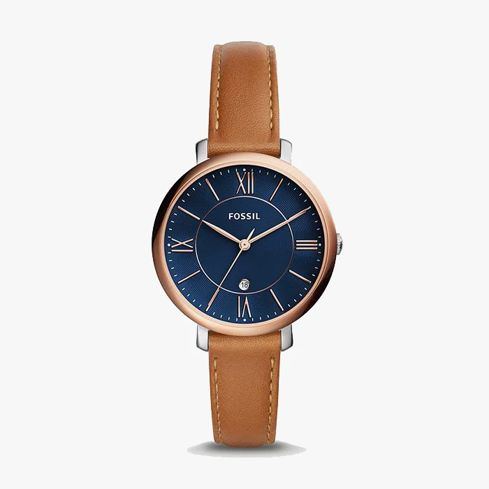 Fossil women's watch with blue face and brown leather strap. Elegant timepiece.