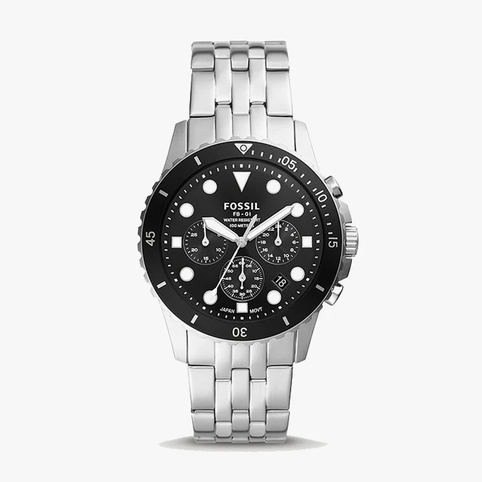 Fossil FB-01 metal watch with a black dial and silver band.