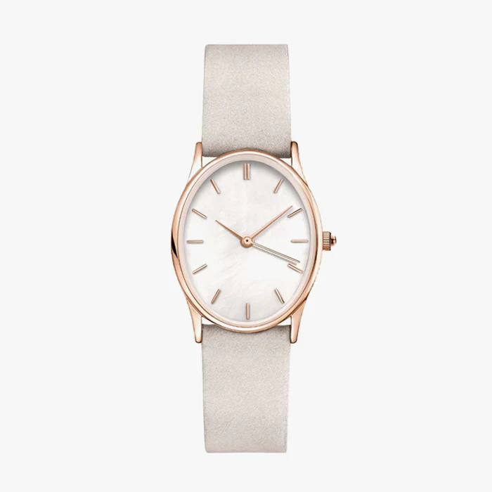 Elegant oval watch with a rose gold case and light gray strap on a white background.