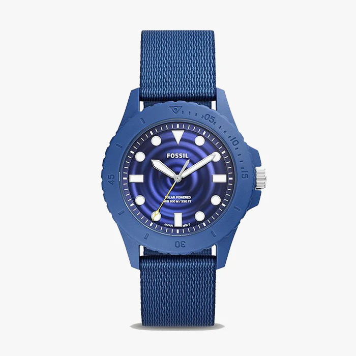 Blue dive watch with nylon strap and rotating bezel