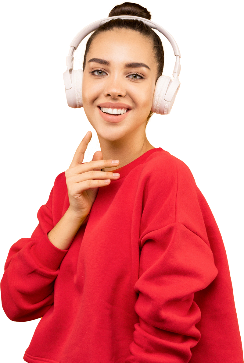 Woman with headphones smiling, wearing a red sweatshirt. Contact us!