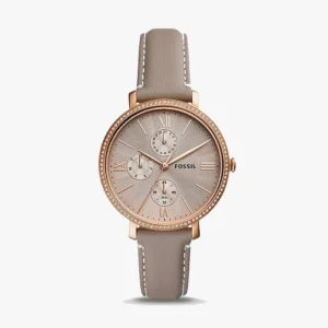 Fossil women's leather watch with rose gold accents and crystal bezel. Elegant timepiece.