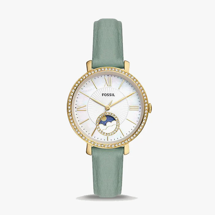 Elegant Fossil watch with gold details and blue leather strap