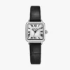 Elegant black leather wristwatch with a Roman numeral dial